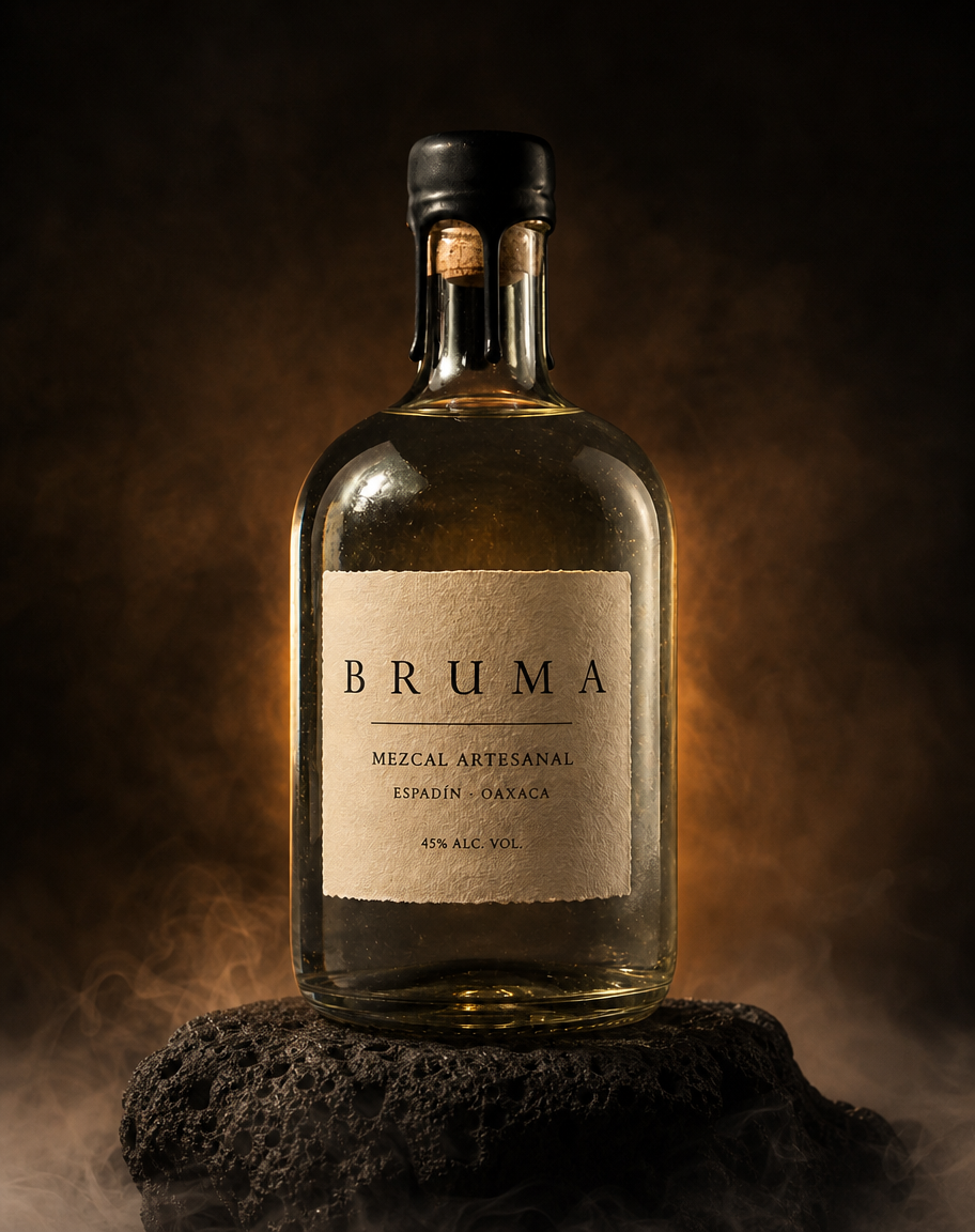 Botella de mezcal sobre piedra volcánica negra con humo bajo arrastrándose por el suelo