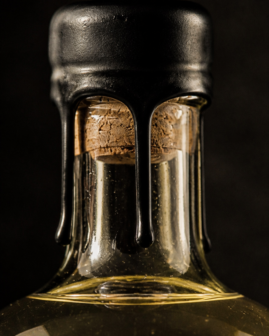 Detalle macro del cuello de la botella con la cera negra escurrida sobre el corcho