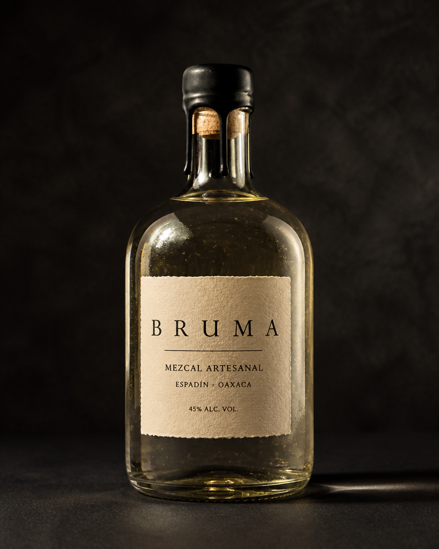 Botella de mezcal de vidrio soplado con tapón de cera negra y etiqueta de papel hueso sobre fondo oscuro