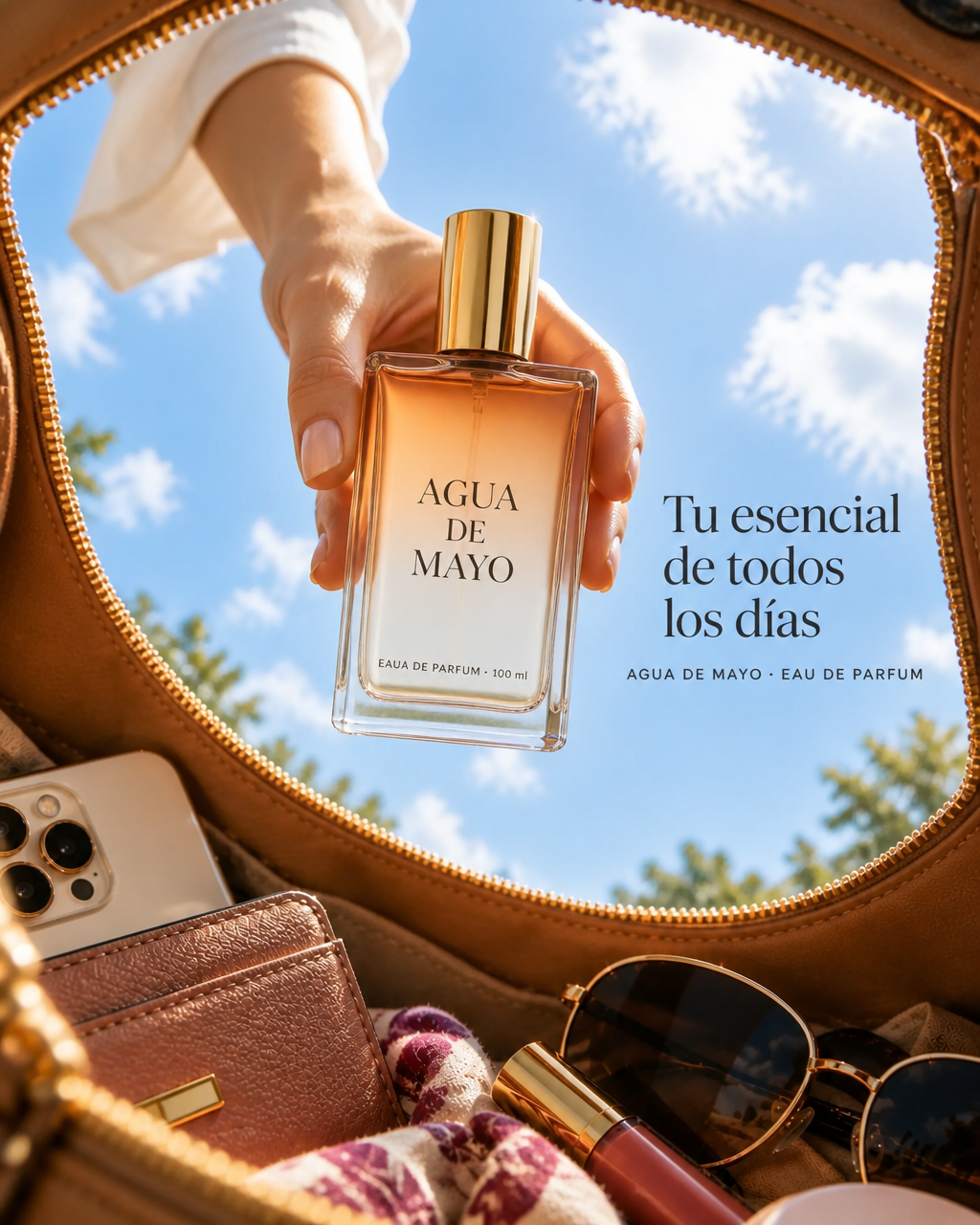 Mano sosteniendo un frasco de perfume ámbar dentro de una bolsa abierta con el cielo de fondo