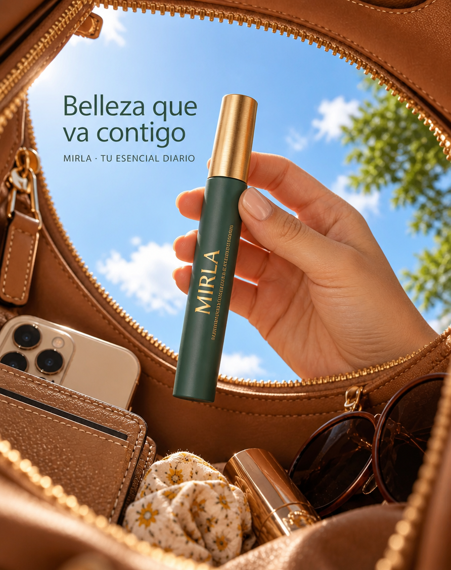 Mano sosteniendo un rímel verde con tapa dorada dentro de una bolsa abierta con el cielo de fondo
