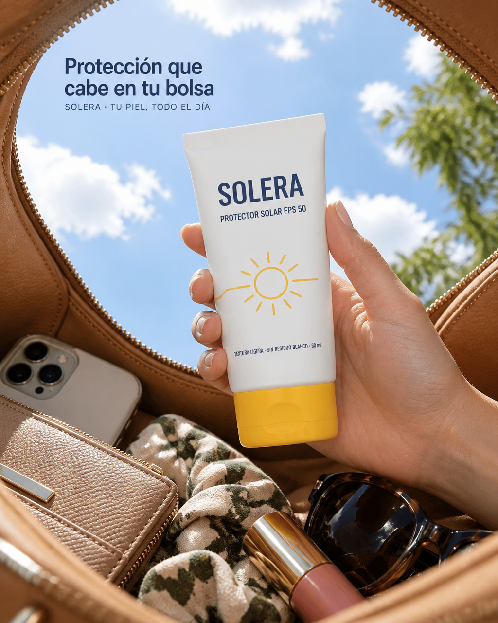 Mano sosteniendo un tubo de protector solar dentro de una bolsa abierta con el cielo de fondo