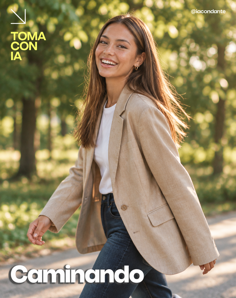 Mujer caminando en un parque volteando a la cámara con una risa natural