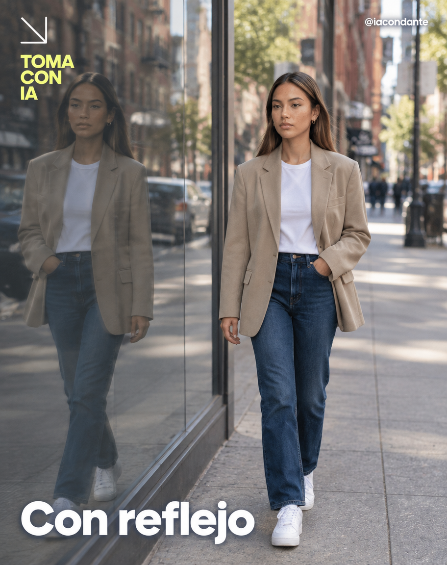 Mujer caminando junto a un aparador de vidrio donde se ve su reflejo completo