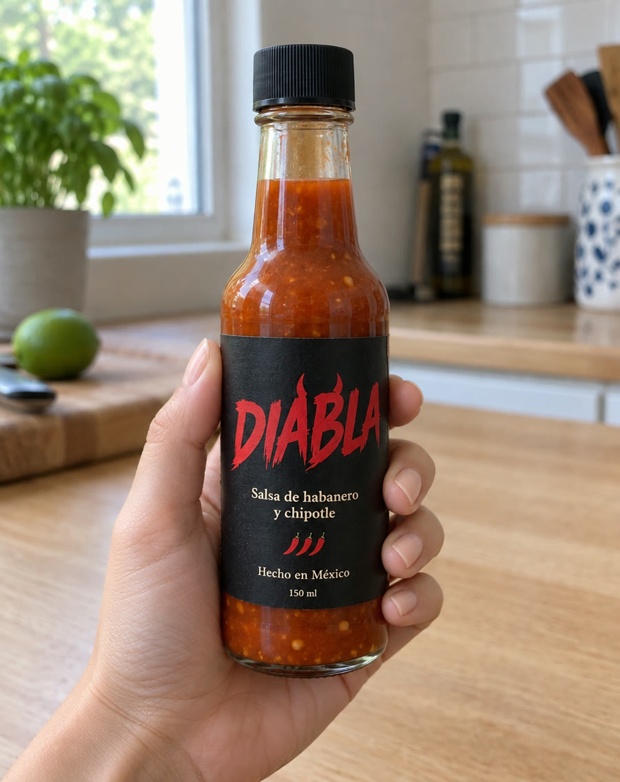 Botella de salsa DIABLA en una mano