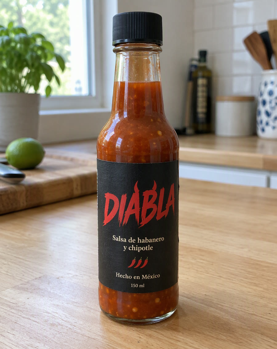 Botella de salsa DIABLA de frente sobre una mesa de cocina (imagen de ejemplo hecha con IA)