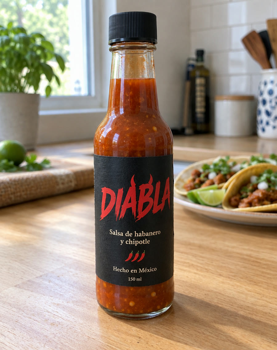 Botella de salsa DIABLA de tres cuartos junto a unos tacos