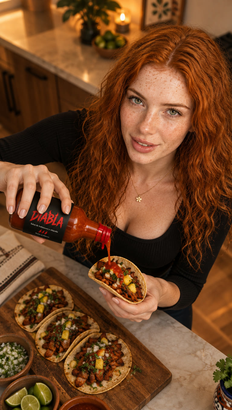 Kassia vierte salsa sobre un taco