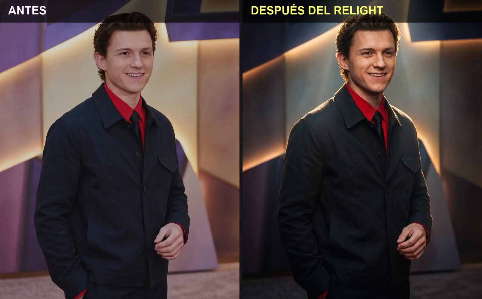 Comparación antes y después: hombre de chaqueta oscura y camisa roja, primero con luz plana de evento y después con contraluz cálido y fondo oscurecido
