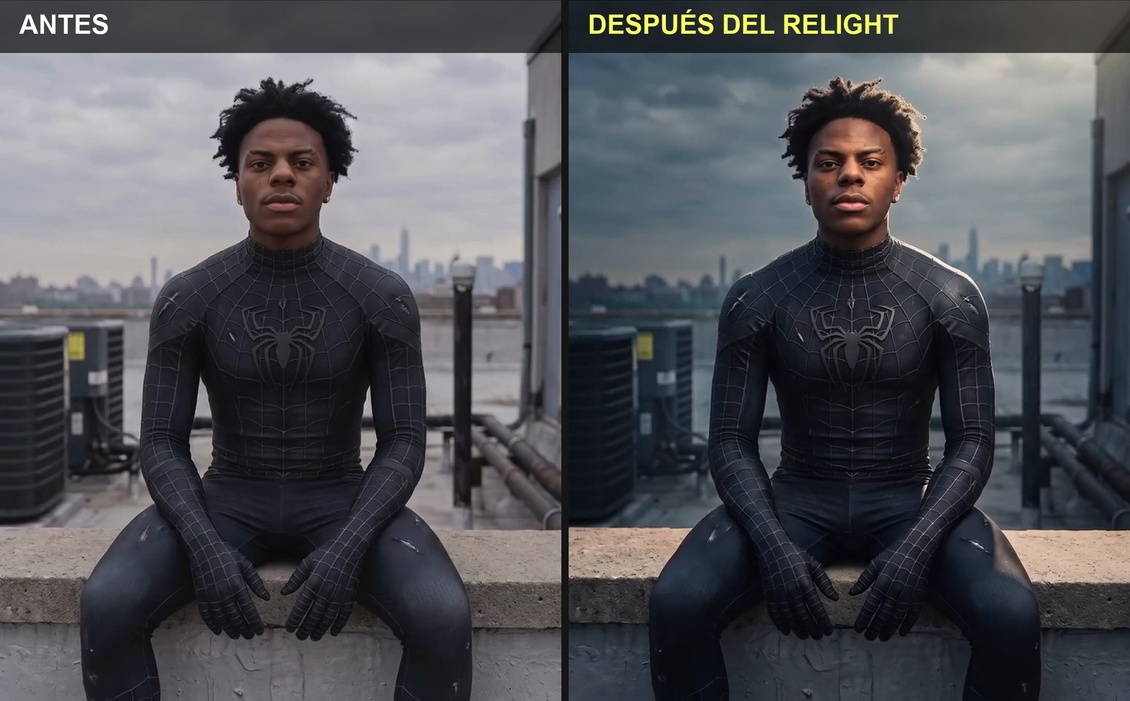 Comparación antes y después: persona sentada en una azotea con cielo gris, después con cielo dramático y luz lateral