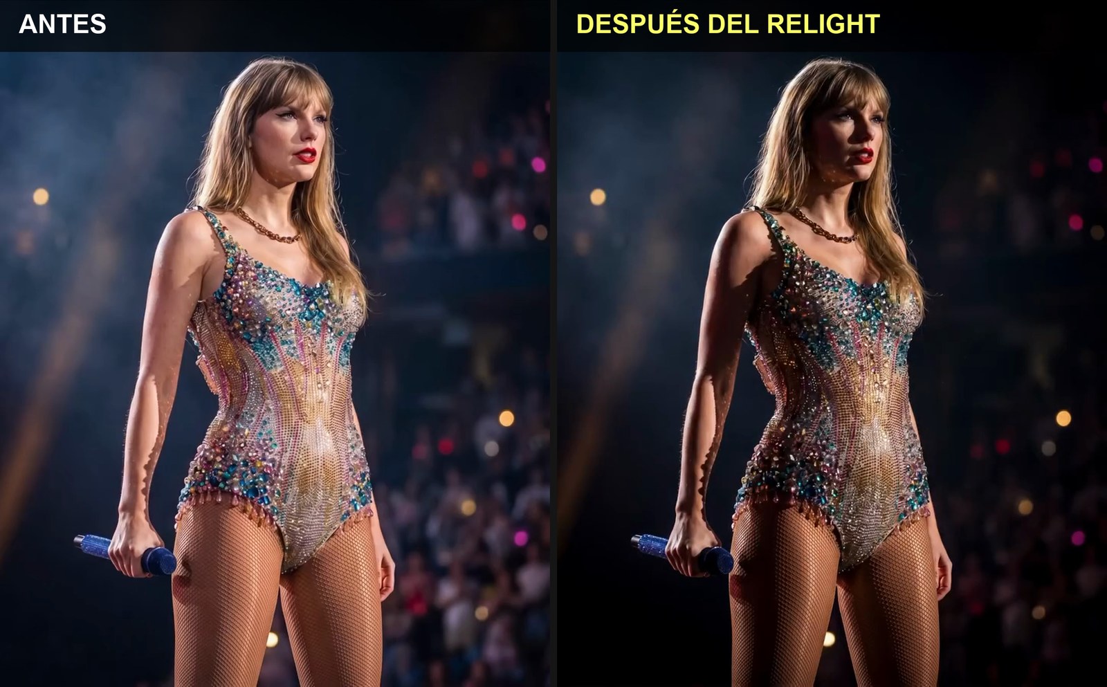 Comparación antes y después de una artista en un escenario, con el público de fondo apagado y contraluz en el pelo