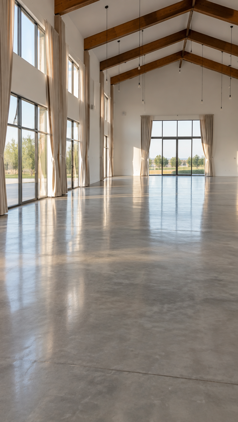 Salón de eventos vacío con piso de concreto pulido, vigas de madera y ventanales con cortinas
