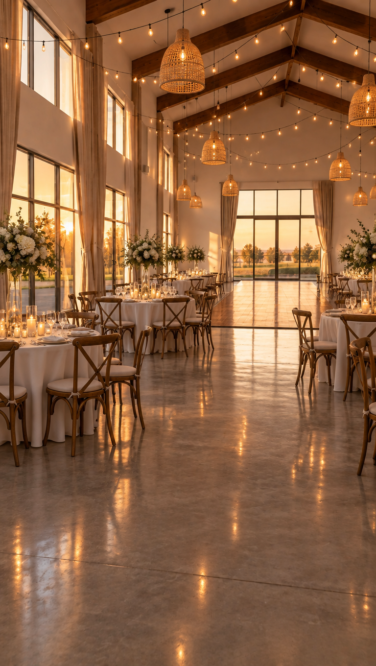 El mismo salón decorado para una boda con mesas, flores blancas, velas y focos colgantes encendidos