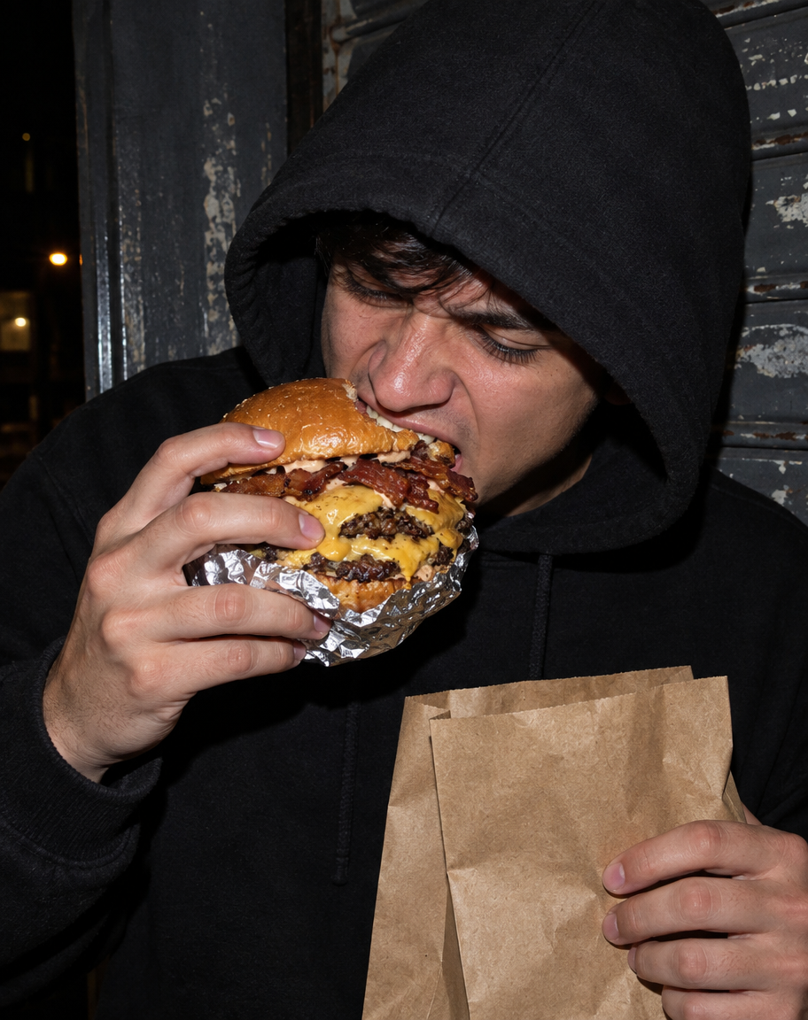 Persona con capucha negra mordiendo una hamburguesa de noche frente a una puerta de metal, con una bolsa de papel kraft