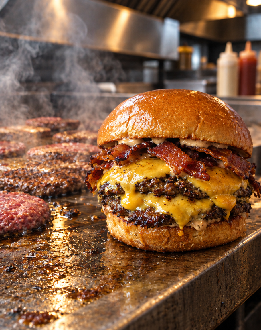 Carnes de hamburguesa cocinándose en una plancha de acero con humo, y la hamburguesa armada en el borde