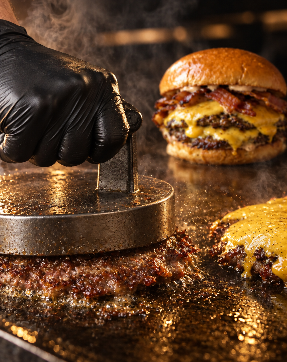 Mano con guante negro aplastando una carne con una prensa de metal sobre una plancha humeante