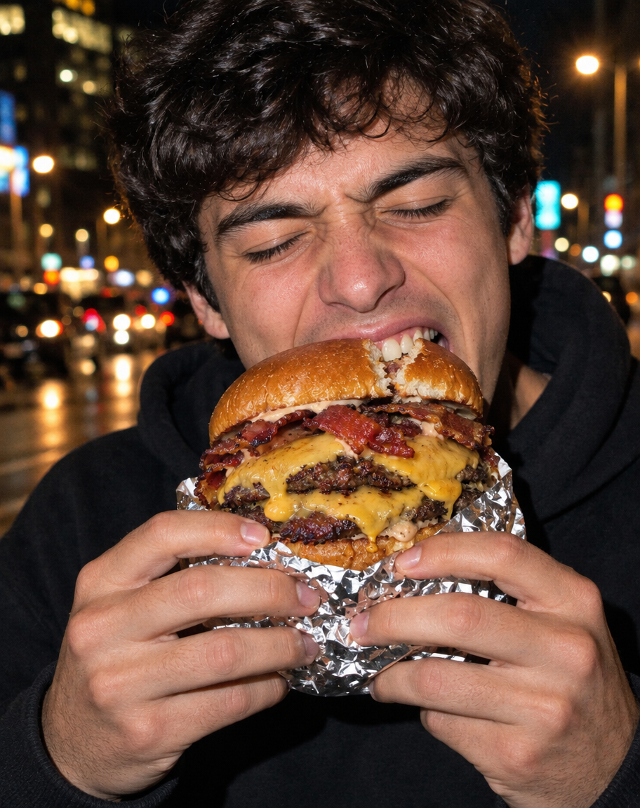 Persona con sudadera oscura mordiendo una hamburguesa envuelta en aluminio, de noche, con flash