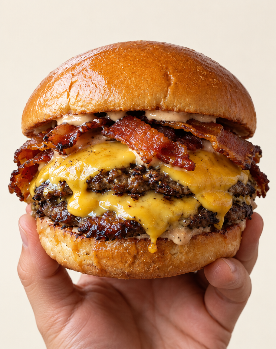 Mano sosteniendo una hamburguesa doble con queso y tocino sobre un fondo crema liso