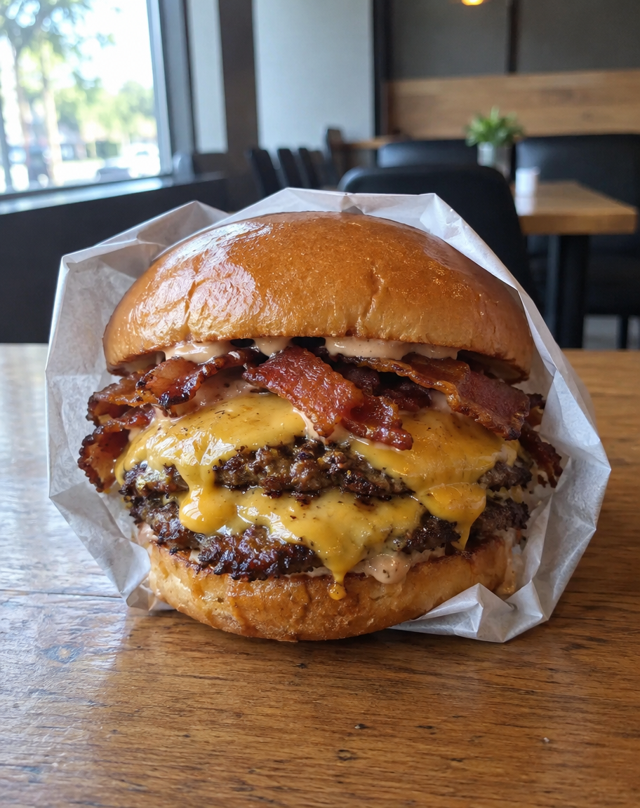 Foto de celular de una hamburguesa doble con queso y tocino sobre una mesa de madera