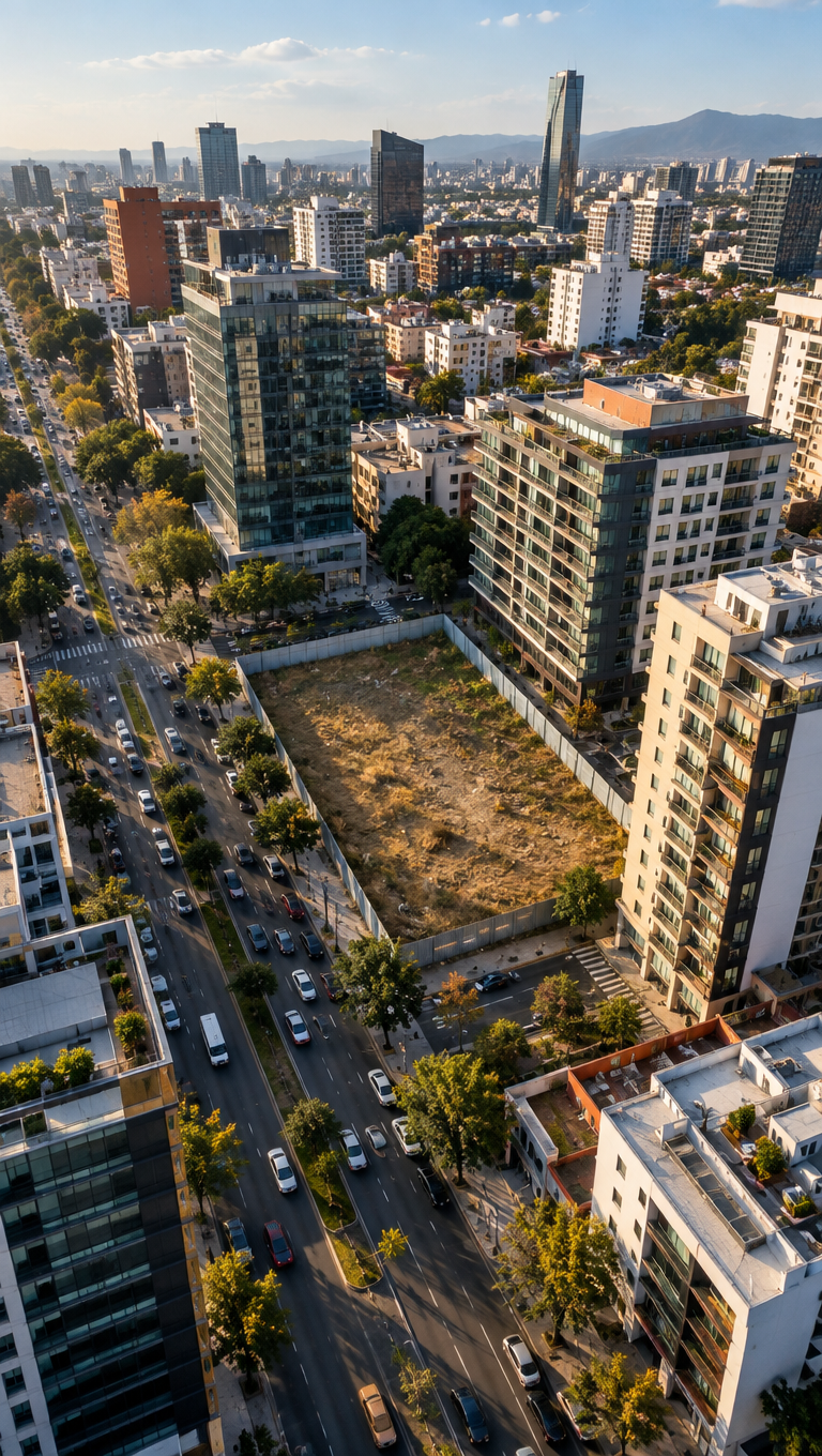 Vista aérea de una ciudad con un terreno baldío entre edificios