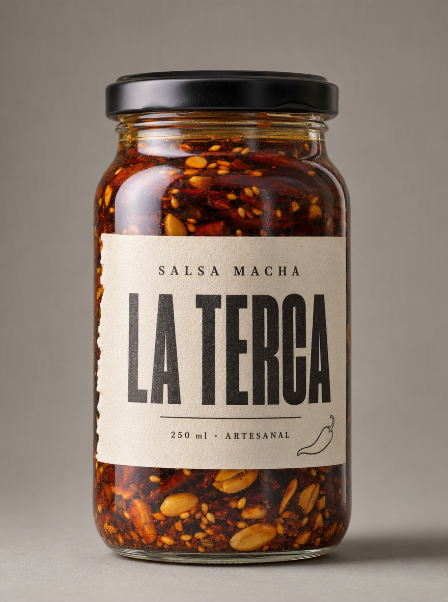 Frasco de salsa macha LA TERCA fotografiado de frente sobre fondo gris neutro