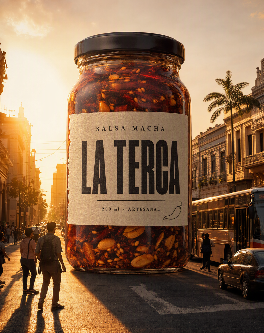 El mismo frasco del tamaño de un edificio de diez pisos en medio de una avenida al atardecer, con gente caminando a sus pies