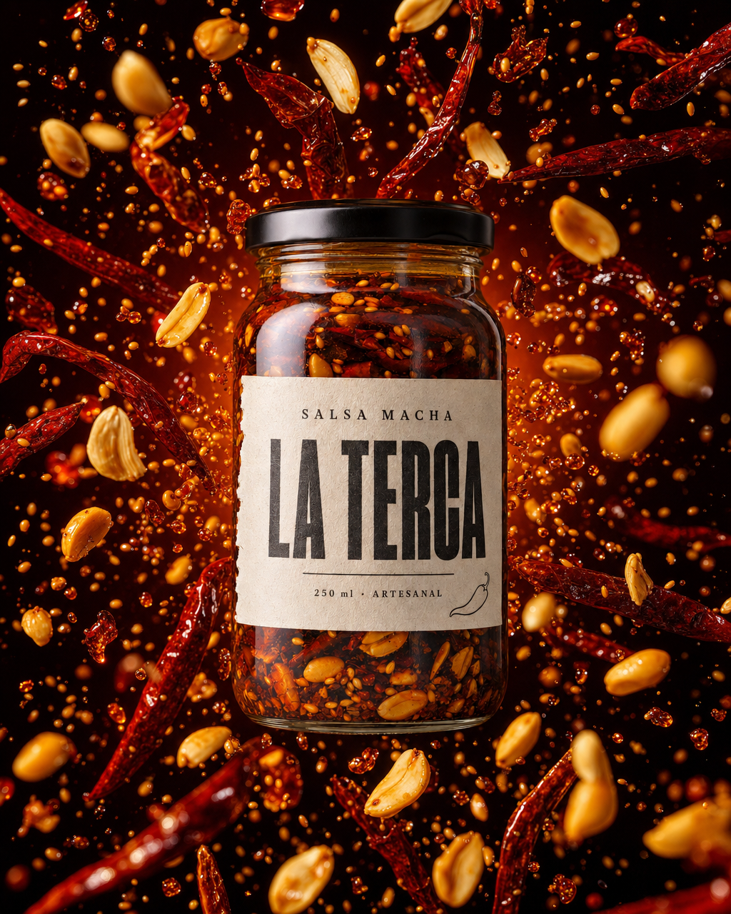 El mismo frasco quieto en el centro mientras chiles, cacahuates y ajonjolí estallan por el aire a su alrededor