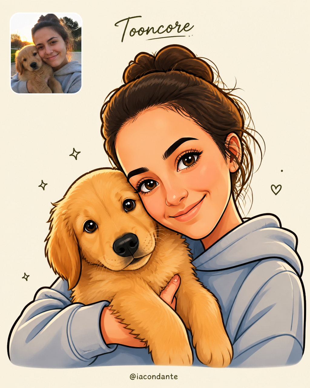 Mujer abrazando un cachorro, ilustrada con contornos gruesos, colores brillantes y ojos grandes expresivos