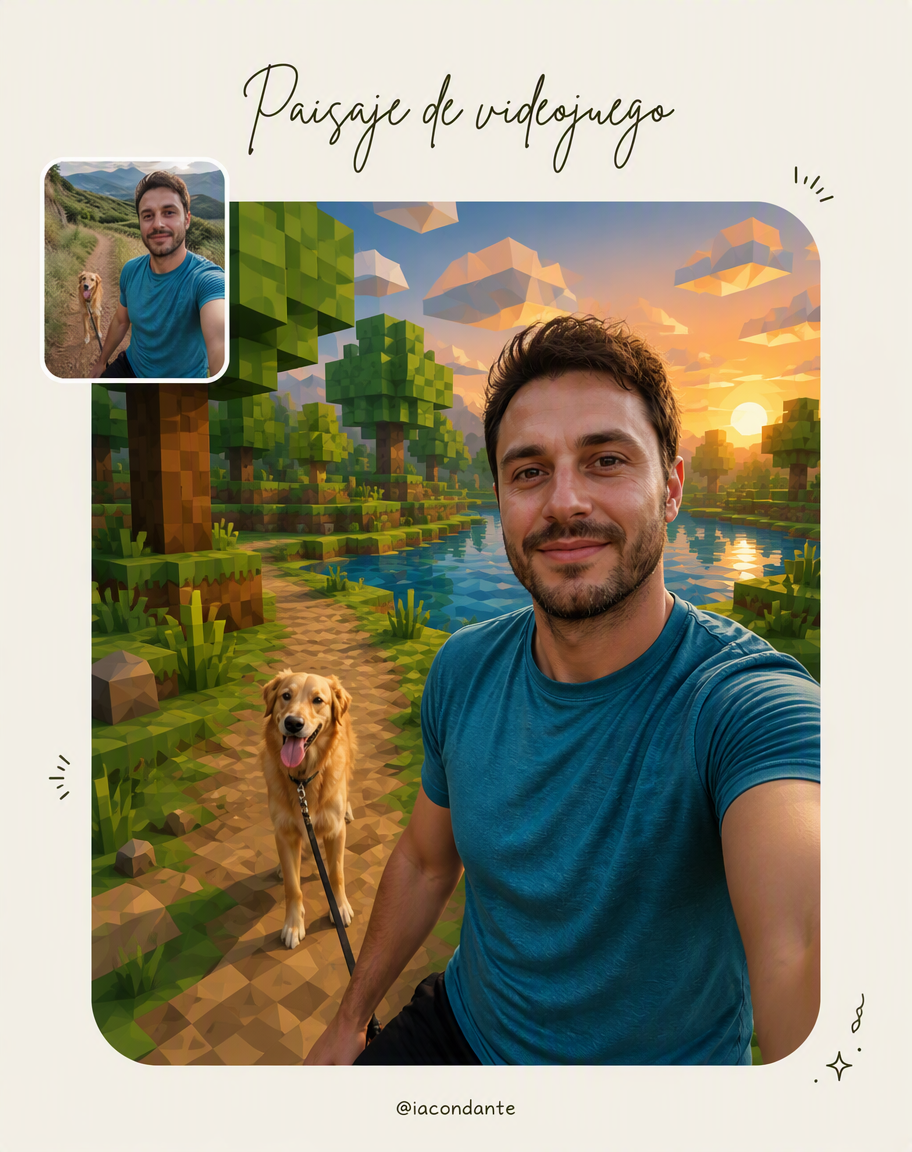 Hombre real con su perro parado dentro de un paisaje de videojuego hecho de bloques, con un río y un atardecer