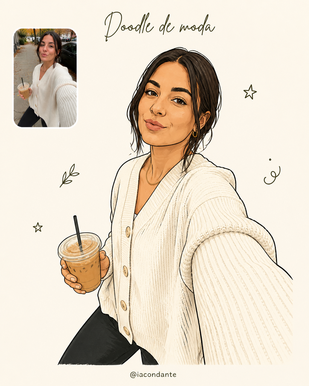 Mujer ilustrada con trazo de tinta limpio y colores planos, sosteniendo un café, sobre fondo crema