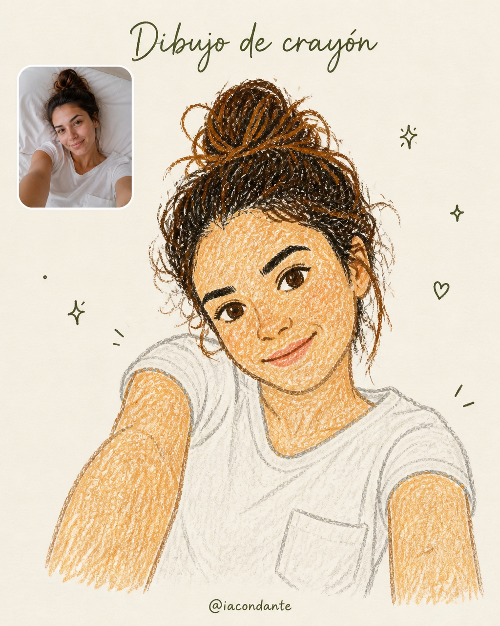 Mujer dibujada con crayones de cera, trazos temblorosos y coloreado disparejo, como el dibujo de un niño
