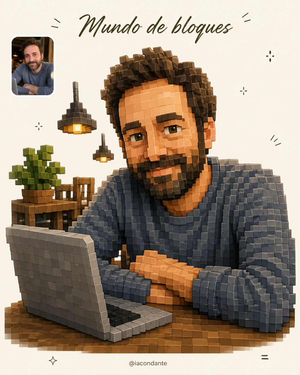 Hombre frente a una laptop, él y todo su entorno reconstruidos con cubos 3D pixelados