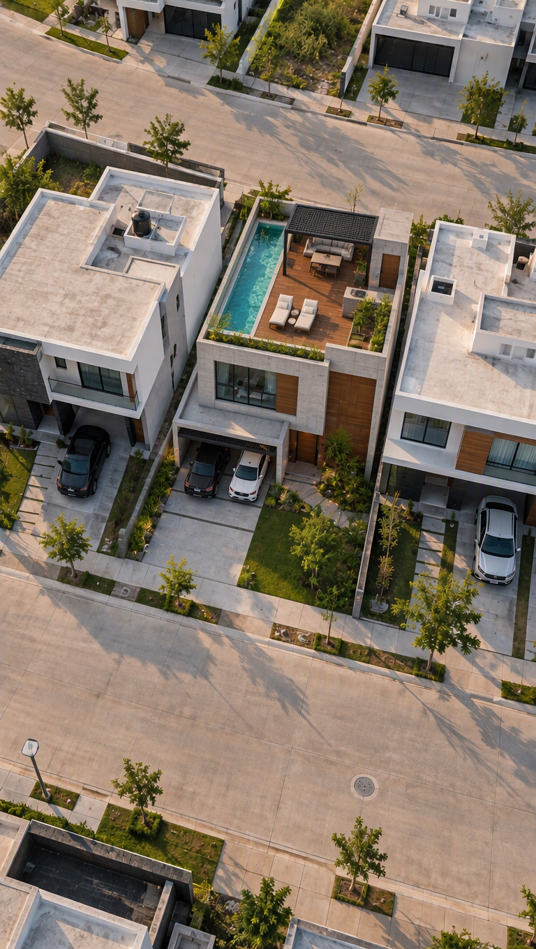 La misma vista aérea con una casa contemporánea de concreto y madera con alberca en el rooftop construida dentro del lote
