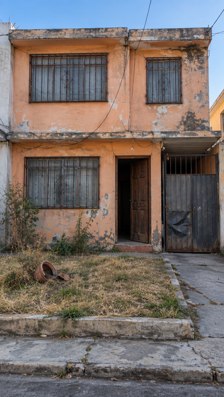 Fachada de una casa mexicana de dos pisos de los años 80 con pintura descarapelada, rejas oxidadas y jardín seco