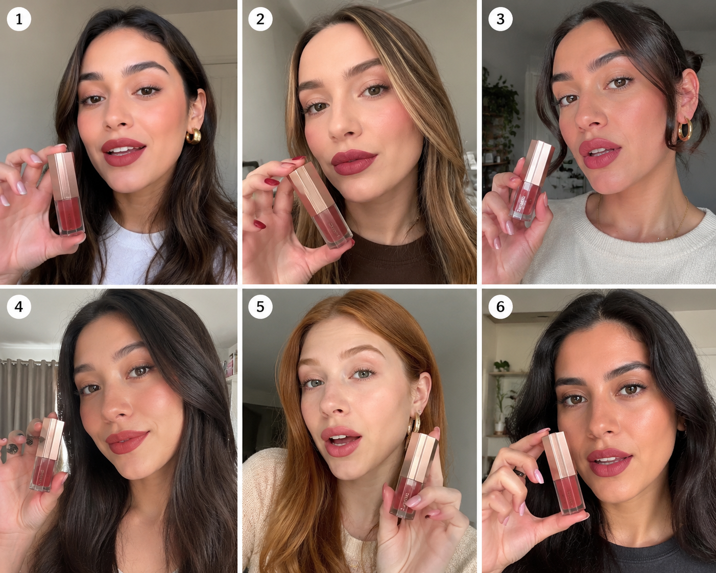 Imagen de 6 cuadros con 6 influencers distintos sosteniendo el producto, numerados